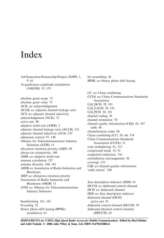 224                                                           HSDPA/HSUPA for UMTS



number of HARQ processes used by one VoIP user. This can be used for time-
multiplexing of diﬀerent users into separate HARQ processes. However, if three retrans-
missions per packet and no extra delay due to HARQ process allocation are allowed,
then four HARQ processes out of eight need to be allocated for each user.
   The advantage of a 10-ms TTI is that all UEs support it, it requires lower peak rates
and performs better at the cell edge and in soft handover than is the case for a 2-ms TTI.
With a 2-ms TTI, higher cell capacity is achieved since more HARQ retransmissions can
be allowed. Also, time-multiplexing of diﬀerent users is possible.
   Non-scheduled transmission of the E-DCH is speciﬁed for guaranteed bit rate services
and is therefore suitable for VoIP. The maximum number of bits per MAC-e payload
data unit (PDU) per MAC-d ﬂow is conﬁgured by the serving RNC (SRNC) through
radio resource control (RRC) signalling. The allowed bit rate should take into account
speech codec rate, header compression eﬃciency and variations, and the existence of
Real Time Control Protocol (RTCP) packets. The non-scheduled data rate can be
changed via RRC signalling.
   Node B scheduling with uplink rate requests and downlink rate grants is also possible
for VoIP. The Node B can send an absolute grant to the UE and activate only some
HARQ processes (for a 2-ms TTI). This enables time-multiplexing of users. The advan-
tage of scheduled transmission is that the UE can request a higher grant if needed – for
instance, due to RTCP packets. The scheduled grant is, however, a power allocation that
does not guarantee a minimum bit rate and in soft handover other non-serving Node Bs
can lower the serving grant of the UE. Therefore, RNC controlled non-scheduled
transmission is more attractive for the VoIP service.



10.3.2.2   Capacity results
HSUPA is expected to provide some capacity gain over the DCH for a variety of services
as a result of fast L1 HARQ and faster scheduling than in Release 99. On the other hand,
the overhead from the enhanced dedicated physical control channel (E-DPCCH) ‘eats’
part of the capacity gain, especially for low data rate services like VoIP. This section
provides example HSUPA VoIP capacity results based on link level simulations and
system level load equations.
   Link level throughput for both a 10-ms and a 2-ms TTI are shown in Figure 10.8.
For the 10-ms TTI, the peak data rate is 32 kbps and for the 2-ms TTI it is 160 kbps.
Both curves assume a maximum of four transmissions. Due to delay limitations and
channel usage, only two transmissions are allowed for VoIP with the 10-ms TTI, which
implies a maximum block error rate of 50–70% for the ﬁrst transmission and single-link
throughput of approximately 60% of the maximum value. For the 2-ms TTI, more
transmissions can be allowed and capacity is calculated for 50% and 33% single-user
throughput, which correspond to an average of two and three transmissions per VoIP
packet, respectively.
   Uplink capacity can be estimated by using the following load formula:
                                                                  
                                                
                        NRdB ¼ À10 log 10 1 À       N Á v Á ð1 þ iÞ               ð10:1Þ
                                               W=R
 