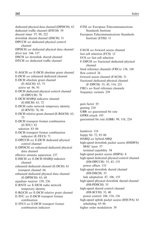Voice-over-IP                                                                                        225



                                                               VA3
                           1

                          0.9
                                       10 ms TTI, 32 kbps
                          0.8          2 ms TTI, 160 kbps

                          0.7

                          0.6
             Throughput




                          0.5

                          0.4

                          0.3

                          0.2

                          0.1

                           0
                           -30   -28   -26    -24    -22       -20     -18   -16   -14   -12   -10
                                                            Ec/No (dB)

Figure 10.8 Single-link throughput of 32 kbps with 10-ms TTI transmission and 160 kbps with
2-ms TTI transmission as a function of total Ec =N0 in the Vehicular A channel.


where  is the Eb =N0 target, W is the chip rate, R is the enhanced dedicated physical data
channel (E-DPDCH) bit rate, N is the number of users, v is the equivalent activity factor,
i is the other-cell-to-own-cell-interference ratio, and NRdB is the noise rise in decibels.
When the uplink load formula is used, the overhead from the DPCCH, E-DPCCH,
HS-DPCCH and retransmissions on the E-DPDCH are included in the equivalent
activity factor v.
   Uplink capacity calculations assume i ¼ 0:65 and voice activity of 50%. The channel
quality indication (CQI) for the downlink is assumed to be sent on the HS-DPCCH once
every 10 ms. The E-DPCCH is only transmitted with E-DPDCH. The DPCCH is sent
continuously as it carries mandatory pilot bits and power control bits.
   Uplink noise rise is shown in Figure 10.9 as a function of the number of VoIP users.
For both TTI lengths two curves are shown. The curves clearly show the power of
HARQ: the number of VoIP users can be increased by allowing more retransmissions –
that is, by transmitting initially at a lower power level. For a 10-ms TTI, the restriction of
only two transmissions per VoIP packet has the eﬀect of limiting capacity. Higher
capacity is achievable with a 2-ms TTI since more retransmissions can be allowed.
The results are shown for 50% single-user throughput (on average, two transmissions
per VoIP packet) and for 33% throughput (on average, three transmissions per VoIP
packet).
   Due to faster Node B scheduling and HARQ, higher noise rise can be tolerated with
HSUPA than with Release 99. We assume a maximum 6-dB noise rise with HSUPA.
   Continuous DPCCH transmission causes a quite signiﬁcant overhead for VoIP traﬃc
where a new packet arrives every 20 ms, although transmission can be as fast as that in a
2-ms TTI. The DPCCH carries pilot bits for channel estimation and power control bits
 