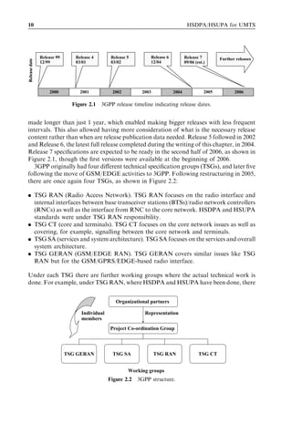 10                                                                                  HSDPA/HSUPA for UMTS




               Release 99      Release 4       Release 5        Release 6          Release 7         Further releases
Release date




               12/99           03/01           03/02            12/04              09/06 (est.)




                   2000          2001          2002         2003            2004              2005          2006

                              Figure 2.1 3GPP release timeline indicating release dates.


made longer than just 1 year, which enabled making bigger releases with less frequent
intervals. This also allowed having more consideration of what is the necessary release
content rather than when are release publication data needed. Release 5 followed in 2002
and Release 6, the latest full release completed during the writing of this chapter, in 2004.
Release 7 speciﬁcations are expected to be ready in the second half of 2006, as shown in
Figure 2.1, though the ﬁrst versions were available at the beginning of 2006.
   3GPP originally had four diﬀerent technical speciﬁcation groups (TSGs), and later ﬁve
following the move of GSM/EDGE activities to 3GPP. Following restructuring in 2005,
there are once again four TSGs, as shown in Figure 2.2:

. TSG RAN (Radio Access Network). TSG RAN focuses on the radio interface and
  internal interfaces between base transceiver stations (BTSs)/radio network controllers
  (RNCs) as well as the interface from RNC to the core network. HSDPA and HSUPA
  standards were under TSG RAN responsibility.
. TSG CT (core and terminals). TSG CT focuses on the core network issues as well as
  covering, for example, signalling between the core network and terminals.
. TSG SA (services and system architecture). TSG SA focuses on the services and overall
  system architecture.
. TSG GERAN (GSM/EDGE RAN). TSG GERAN covers similar issues like TSG
  RAN but for the GSM/GPRS/EDGE-based radio interface.

Under each TSG there are further working groups where the actual technical work is
done. For example, under TSG RAN, where HSDPA and HSUPA have been done, there


                                                 Organizational partners

                                 Individual                  Representation
                                 members
                                              Project Co-ordination Group



                            TSG GERAN          TSG SA              TSG RAN                 TSG CT


                                                       Working groups
                                              Figure 2.2 3GPP structure.
 