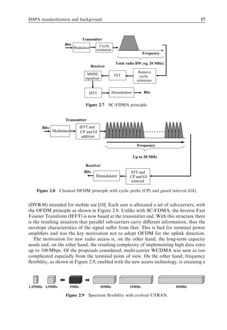 HSPA standardization and background                                                            17



                                 Transmitter
                   Bits                     Cyclic
                          Modulator
                                          extension
                                                                          Frequency

                                                         Total radio BW (eg. 20 MHz)
                                      Receiver
                                                                        Remove
                                    MMSE                FFT             cyclic
                                   equaliser
                                                                       extension


                                     IFFT              Demodulator         Bits


                                   Figure 2.7 SC-FDMA principle.


                    Transmitter
      Bits                      IFFT and
             Modulator           CP and GI
                                 addition

                                                                       Frequency

                                                                     Up to 20 MHz

                                   Receiver
                                  Bits                           FFT and
                                                                 Remove
                                         Demodulator           Bits and GI
                                                                CPCyclic
                                                                Extension
                                                                 removal

    Figure 2.8 Classical OFDM principle with cyclic preﬁx (CP) and guard interval (GI).


(DVB-H) intended for mobile use [10]. Each user is allocated a set of sub-carriers, with
the OFDM principle as shown in Figure 2.8. Unlike with SC-FDMA, the Inverse Fast
Fourier Transform (IFFT) is now based at the transmitter end. With this structure there
is the resulting situation that parallel sub-carriers carry diﬀerent information, thus the
envelope characteristics of the signal suﬀer from that. This is bad for terminal power
ampliﬁers and was the key motivation not to adopt OFDM for the uplink direction.
   The motivation for new radio access is, on the other hand, the long-term capacity
needs and, on the other hand, the resulting complexity of implementing high data rates
up to 100 Mbps. Of the proposals considered, multi-carrier WCDMA was seen as too
complicated especially from the terminal point of view. On the other hand, frequency
ﬂexibility, as shown in Figure 2.9, enabled with the new access technology, is attaining a




1.25MHz 2.5MHz           5MHz                  10MHz             15MHz                 20MHz

                    Figure 2.9 Spectrum ﬂexibility with evolved UTRAN.
 