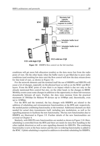 HSPA architecture and protocols                                                        27



                                                      Maximise Iub
                                                         capacity
                                                       utilization in
                            RNC
                                                    response to credits


                                  Data              Increase credits to
                                                       UE1, reduce
                                                      credits to UE2


                          BTS                            Scheduler buffer level
                                                         for UE1

                                                         Scheduler buffer level
                                                         for UE2




                                            UE2 with low CQI
             UE1 with high CQI
                   Figure 3.8 HSDPA ﬂow control on the Iub interface.


conditions will get more Iub allocation (credits) as the data move fast from the radio
point of view. On the other hand, when the buﬀer starts to get ﬁlled due to poor radio
conditions (and resulting low data rate) the ﬂow control will slow the data stream down
for that kind of user, as shown in Figure 3.8.
   For the network elements and the terminal itself the use of HSDPA and HSUPA will
cause a lot of changes, especially on the physical layer as well as on the MAC and RLC
layers. From the RNC point of view there is an impact which is due not only to the
already mentioned ﬂow control but also, on the other hand, to the changes in RRM.
Mobility events cause some changes in addition to the opportunity to share Iub resources
dynamically between all users. Further, the data rates increase from the practical
maximum of 384 kbps for Release 99 devices up to 10 Mbps and, theoretically, even
up to 14 Mbps.
   For the BTS and the terminal, the key changes with HSDPA are related to the
addition of scheduling and retransmission functionalities at the BTS and, respectively,
the needed packet combining functionality at the terminal. Additional channels are then
needed for actual data transmission itself, including new modulation, as well as for
signalling purposes to facilitate the new functionality. The key new functionalites due to
HSDPA are illustrated in Figure 3.9. Further details of the new functionalities are
covered in Chapter 4.
   Similarly, with HSUPA new functionalities are needed as shown in Figure 3.10. Here,
scheduling is controlled from the BTS and there are needs for data ﬂow handling in the
other (uplink direction) as well as new signalling channels for HSUPA. The combining
functionality is now at the base station and the new re-ordering functionality is added to
the RNC. Uplink scheduling is required in addition to downlink scheduling for HSDPA.
 