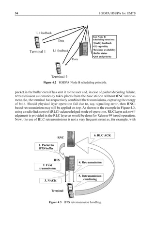 34                                                                 HSDPA/HSUPA for UMTS




                L1 feedback
                                                             Fast Node B
                                                             scheduling based on:
                                   Data
                                                             •Quality feedback
                                                             •UE capability
                              L1 feedback                    •Resource availability
           Terminal 1                                        •Buffer status
                                                             •QoS and priority
                                            Data




                           Terminal 2
                     Figure 4.2 HSDPA Node B scheduling principle.


packet in the buﬀer even if has sent it to the user and, in case of packet decoding failure,
retransmission automatically takes places from the base station without RNC involve-
ment. So, the terminal has respectively combined the transmissions, capturing the energy
of both. Should physical layer operation fail due to, say, signalling error, then RNC-
based retransmission may still be applied on top. As shown in the example in Figure 4.3,
using a radio link control (RLC)-acknowledged mode of operation, RLC layer acknowl-
edgement is provided in the RLC layer as would be done for Release 99 based operation.
Now, the use of RLC retransmissions is not a very frequent event as, for example, with



                                                              6. RLC ACK
                                  RNC

                  1. Packet to
                  BTS buffer


                                 BTS
                                                   4. Retransmission
                     2. First
                  transmission

                                                   5. Retransmission
                      3. NACK                          combining


                            Terminal


                          Figure 4.3 BTS retransmission handling.
 