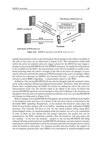 HSDPA principles                                                                        51




                                                        Node B part of DCH active set
                                           HS
                                              -S
                                              CC          Comparison of
                                      DC         H    relative CPICH levels
                                         H/
                                            HS         inside the active set
     HSDPA serving cell                        DP
                                     DC          A
                                        H
                                                                     H
                                                                  DC

                                DCH
                                                                              H
                                                                         DC
                                DCH
                                                     Terminal
     Node B part of DCH active set
                 Figure 4.22 HSDPA operation with DCH active set of 3.


modify measurement events to get information about changes in the relative strengths of
the cells in the active set (as illustrated in Figure 4.22). This information (when held
within the active set window) does not trigger actions for the DCH but may trigger a
change in the serving HS-DSCH cell with HSDPA operation. To enable this information
to be available for the RNC, the measurement event 1D was modiﬁed to enable event-
based reporting when the relative strength of the cells in the active set changes, or more
exactly when the cell with the optimum CPICH strength in the active set changes. When
the criteria for reporting are fulﬁlled, the terminal will send – as part of uplink radio
resource control (RRC) signalling – a measurement report to the RNC.
   In Release 5 the serving HS-DSCH cell can only be changed inside the terminal’s active
set by using a physical channel reconﬁguration procedure. Therefore, when the terminal
detects that a neighbouring cell fulﬁlls the criteria for adding the cell to the active set
(measurement event 1A), the cell ﬁrst needs to be added to the active set before the
serving HS-DSCH operation can be changed to that cell. In Release 6 the situation was
changed so that the active set update procedure could also carry out a serving HS-DSCH
cell change (as illustrated in Figure 4.23).
   When a change of serving HS-DSCH cell happens, the terminal will ﬂush all the buﬀers
at the handover time and move on to listen to the new base station as instructed in the
downlink RRC signalling. Respectively, at the moment the handover takes place the
Node B also ﬂushes packets still in its buﬀers, including possibly unﬁnished HARQ
processes. The network will have to sort out the unsent packets (when using RLC
acknowledged mode). In unacknowledged mode the packets are not to be transmitted
if some of them are lost during the cell change operation, but packet loss can be
minimized by the RNC calculating carefully when the handover will take place and
not sending – at the very last moment – packets to the serving HS-DSCH cell being
replaced. During synchronized serving HS-DSCH cell change, any interruption to packet
transmission can be minimized as both the terminal and network elements know exactly
when the handover takes place. To minimize possible data loss further, the support of
out-of-sequence payload data units (PDUs) was introduced in unacknowledged mode
 