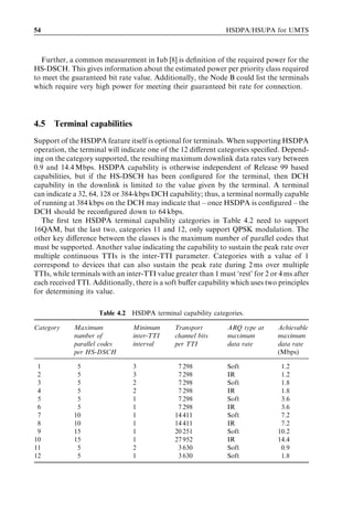 54                                                              HSDPA/HSUPA for UMTS



  Further, a common measurement in Iub [8] is deﬁnition of the required power for the
HS-DSCH. This gives information about the estimated power per priority class required
to meet the guaranteed bit rate value. Additionally, the Node B could list the terminals
which require very high power for meeting their guaranteed bit rate for connection.




4.5   Terminal capabilities
Support of the HSDPA feature itself is optional for terminals. When supporting HSDPA
operation, the terminal will indicate one of the 12 diﬀerent categories speciﬁed. Depend-
ing on the category supported, the resulting maximum downlink data rates vary between
0.9 and 14.4 Mbps. HSDPA capability is otherwise independent of Release 99 based
capabilities, but if the HS-DSCH has been conﬁgured for the terminal, then DCH
capability in the downlink is limited to the value given by the terminal. A terminal
can indicate a 32, 64, 128 or 384-kbps DCH capability; thus, a terminal normally capable
of running at 384 kbps on the DCH may indicate that – once HSDPA is conﬁgured – the
DCH should be reconﬁgured down to 64 kbps.
   The ﬁrst ten HSDPA terminal capability categories in Table 4.2 need to support
16QAM, but the last two, categories 11 and 12, only support QPSK modulation. The
other key diﬀerence between the classes is the maximum number of parallel codes that
must be supported. Another value indicating the capability to sustain the peak rate over
multiple continuous TTIs is the inter-TTI parameter. Categories with a value of 1
correspond to devices that can also sustain the peak rate during 2 ms over multiple
TTIs, while terminals with an inter-TTI value greater than 1 must ‘rest’ for 2 or 4 ms after
each received TTI. Additionally, there is a soft buﬀer capability which uses two principles
for determining its value.

                     Table 4.2   HSDPA terminal capability categories.

Category     Maximum             Minimum       Transport        ARQ type at      Achievable
             number of           inter-TTI     channel bits     maximum          maximum
             parallel codes      interval      per TTI          data rate        data rate
             per HS-DSCH                                                         (Mbps)

 1            5                  3              7 298           Soft              1.2
 2            5                  3              7 298           IR                1.2
 3            5                  2              7 298           Soft              1.8
 4            5                  2              7 298           IR                1.8
 5            5                  1              7 298           Soft              3.6
 6            5                  1              7 298           IR                3.6
 7           10                  1             14 411           Soft              7.2
 8           10                  1             14 411           IR                7.2
 9           15                  1             20 251           Soft             10.2
10           15                  1             27 952           IR               14.4
11            5                  2              3 630           Soft              0.9
12            5                  1              3 630           Soft              1.8
 