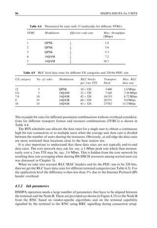 56                                                                  HSDPA/HSUPA for UMTS



              Table 4.4   Theoretical bit rates with 15 multicodes for diﬀerent TFRCs.

          TFRC            Modulation         Eﬀective code rate        Max. throughput
                                                                       (Mbps)
                                             1
          1               QPSK               4                          1.8
                                             2
          2               QPSK               4                          3.6
                                             3
          3               QPSK               4                          5.3
                                             2
          4               16QAM              4                          7.2
                                             3
          5               16QAM              4                         10.7


        Table 4.5    RLC level data rates for diﬀerent UE categories and 320-bit PDU size.

UE category         No. of codes     Modulation      RLC blocks        Transport     Max. RLC
                                                     per 2 ms TTI      block         data rate

12                   5               QPSK            10 Â 320           3 440         1.6 Mbps
5/6                  5               16QAM           21 Â 320           7 168         3.36 Mbps
7/8                 10               16QAM           42 Â 320          14 155         6.72 Mbps
9                   15               16QAM           60 Â 320          20 251         9.6 Mbps
10                  15               16QAM           83 Â 320          27 952        13.3 Mbps



The example bit rates for diﬀerent parameter combinations without overhead considera-
tions for diﬀerent transport format and resource combinations (TFRCs) is shown in
Table 4.4.
   The BTS scheduler can allocate the data rates for a single user to obtain a continuous
high bit rate connection or to multiple users when the average user data rate is divided
between the number of users sharing the resources. Obviously, at cell edge the data rates
are more restricted than locations close to the base station site.
   It is also important to understand that these data rates are not typically end-to-end
data rates. The core network may ask for, say, a 1-Mbps peak rate which then momen-
tarily over a 2-ms TTI may be, say, 3.6 Mbps. This is hidden from the core network by
resulting data rate averaging when sharing HS-DSCH resources among several users (as
was discussed in Chapter 3).
   When we take into account RLC/MAC headers and ﬁx the PDU size to be 320 bits,
then we get the RLC layer data rates for diﬀerent terminal categories (see Table 4.5). For
the application level the diﬀerence is then less than 5% due to the Internet Protocol (IP)
header overhead.


4.5.2     Iub parameters
HSDPA operation needs a large number of parameters that have to be aligned between
the terminal and the Node B. These are provided (as shown in Figure 4.25) to the Node B
from the RNC based on vendor-speciﬁc algorithms and on the terminal capability
signalled by the terminal to the RNC using RRC signalling during connection setup.
 