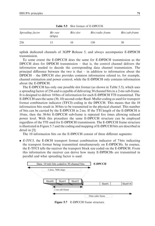 HSUPA principles                                                                            71



                               Table 5.5       Slot format of E-DPCCH.

Spreading factor        Bit rate               Bits/slot    Bits/radio frame    Bits/sub-frame
                        (kbps)

256                     15                     10           150                 30


uplink dedicated channels of 3GPP Release 5, and always accompanies E-DPDCH
transmission.
    To some extent the E-DPCCH does the same for E-DPDCH transmission as the
DPCCH does for DPDCH transmission – that is, the control channel delivers the
information needed to decode the corresponding data channel transmission. The
principal diﬀerence between the two is that – in addition to information about the
DPDCH – the DPCCH also provides common information related to, for example,
channel estimation and power control, while the E-DPDCH only contains information
about the E-DPDCH.
    The E-DPCCH has only one possible slot format (as shown in Table 5.5), which uses
a spreading factor of 256 and is capable of delivering 30 channel bits in a 2-ms sub-frame.
It is designed to deliver 10 bits of information for each E-DPDCH TTI transmitted. The
E-DPCCH uses the same (30, 10) second-order Reed–Muller coding as used for transport
format combination indicator (TFCI) coding in the DPCCH. This means that the 10
information bits result in 30 bits to be transmitted in the physical channel. This number
of bits can be carried by the E-DPCCH in 2 ms. If the TTI length of the E-DPDCH is
10 ms, then the 30-bit E-DPCCH sub-frame is repeated ﬁve times allowing reduced
power level. With this procedure the same E-DPCCH structure can be employed
regardless of the TTI used for E-DPDCH transmission. The E-DPCCH frame structure
is illustrated in Figure 5.7 and the coding and mapping of E-DPCCH bits are described in
detail in [3].
    The 10 information bits on the E-DPCCH consist of three diﬀerent segments:

. E-TFCI, the E-DCH transport format combination indicator of 7 bits indicating
  the transport format being transmitted simultaneously on E-DPDCHs. In essence,
  the E-TFCI tells the receiver the transport block size coded on the E-DPDCH. From
  this information the receiver can derive how many E-DPDCHs are transmitted in
  parallel and what spreading factor is used.

             Data: 10 info bits coded to 30 channel bits       E-DPCCH

                      3 slots, 7680 chips



                     Slot#0       Slot#1        Slot#2
                                                                       Slot#i    Slot#14

                              2 ms sub-frame

                                                           10ms radio frame

                              Figure 5.7 E-DPCCH frame structure.
 