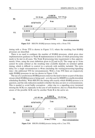 78                                                             HSDPA/HSUPA for UMTS



                                                E-HICH
                                14–16 ms                    5.5–7.5 ms
     DL
                                                   8 ms
                           ACK/NACK
                 E-DPCCH                                                 E-DPCCH

                 E-DCH                                                   E-DCH
     UL



                   10 ms                   30 ms (3 TTIs)
                                                                  First retransmission
              Figure 5.13 HSUPA HARQ process timing with a 10-ms TTI.


timing with a 10-ms TTI is shown in Figure 5.13, where the resulting four HARQ
processes are described.
   There is no need to conﬁgure the number of HARQ processes, which gives clear
implementation guidance to Node B implementation in terms of which processing time
needs to be met in all cases. The Node B processing time requirement is thus approxi-
mately 14 ms, using the exact deﬁnition given in [2] and in [5]. The range up to 16 ms
cannot be easily utilized as the resulting time available depends on terminal uplink
timing, which is diﬃcult to control in a network with mobility included. The extra
delay for a single retransmission is 40 ms (including the waiting/processing/signalling
time þ the additional TTI for retransmission). With a 2-ms TTI there are respectively
eight HARQ processes in use (as shown in Figure 5.14).
   The use of a synchronous HARQ process removes the need to know as part of the data
stream which HARQ process is being used – as is the case for HSDPA to enable downlink
scheduling ﬂexibility. With HSUPA the timing tells exactly which HARQ process is in
question, and the only indication needed is whether the data are new or a retransmission.
This is needed to avoid buﬀer corruption – either due to a signalling error (terminal
missing the ACK) or, especially in the case of soft handover, due to a Node B not being
aware of the possible ACK sent by another Node B in the active set.


                                              E-HICH        3.5–5.5 ms
                              6.1–8.1 ms
     DL
                                                   2 ms
                           ACK/NACK

                 E-DPCCH                                                 E-DPCCH
                                               …
                 E-DCH                                                   E-DCH
     UL
                                               …

                    2 ms                   14 ms (7 TTIs)        First retransmission
               Figure 5.14 HSUPA HARQ process timing with a 2-ms TTI.
 