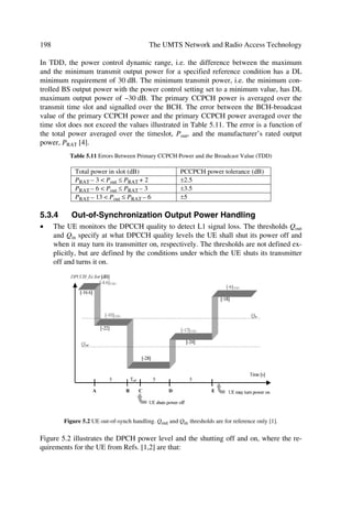 The UTRA Physical Layer Design                                                                 91

The FBI bits (S field and D field) support the techniques requiring feedback from the
UE to the UTRAN access point, including closed loop mode transmit diversity and Site
Selection Diversity Transmission’ (SSDT). The open SSDT signalling uses the S field
and the closed loop mode transmit diversity signalling uses the D field. The S field con-
sists of 0, 1 or 2 bits while the D field consists of 0 or 1 bit. Table 4.5 shows the total
FBI field size, i.e. the NFBI. Simultaneous use of SSDT power control and closed loop
mode transmit diversity requires that the S field consists of 1 bit. The use of the FBI
fields is described in detail in [5].
                                    Table 4.4 DPDCH Fields
 Slot         Channel bit   Channel symbol         SF    Bits/frame     Bits/slot      Ndata
 format #i    rate (kbps)   rate (ksps)
 0             15            15                    256    150            10             10
 1             30            30                    128    300            20             20
 2             60            60                     64    600            40             40
 3            120           120                     32   1200            80             80
 4            240           240                     16   2400           160            160
 5            480           480                     8    4800           320            320
 6            960           960                     4    9600           640            640

There are two types of uplink dedicated physical channels; those that include TFCI (e.g.
for several simultaneous services) and those that do not include TFCI (e.g. for fixed-rate
services). These types are reflected by the duplicated rows of Table 4.5. It is the UT-
RAN that determines if a TFCI should be transmitted and it is mandatory for all UEs to
support the use of TFCI in the uplink. The mapping of TFCI bits onto slots is described
in [3]. In compressed mode, DPCCH slot formats with TFCI fields are changed. There
are two possible compressed slot formats for each normal slot format. They are labelled
A and B and the selection between them is dependent on the number of slots that are
transmitted in each frame in compressed mode.
                                    Table 4.5 DPCCH Fields
Slot         Channel bit    Bits/     Bits/s   Npilot    NTP    NTFCI   NFBI        Slots/
format #i    rate (kbps)    frame     lot                C                          frame
0            15             150       10       6         2      2       0           15
0A           15             150       10       5         2      3       0           10–14
0B           15             150       10       4         2      4       0           8–9
1            15             150       10       8         2      0       0           8–15
2            15             150       10       5         2      2       1           15
2A           15             150       10       4         2      3       1           10–14
2B           15             150       10       3         2      4       1           8–9
3            15             150       10       7         2      0       1           8–15
4            15             150       10       6         2      0       2           8–15
5            15             150       10       5         1      2       2           15
5A           15             150       10       4         1      3       2           10–14
5B           15             150       10       3         1      4       2           8–9
 