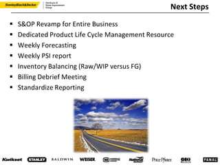 Next Steps
 S&OP Revamp for Entire Business
 Dedicated Product Life Cycle Management Resource
 Weekly Forecasting
 Weekly PSI report
 Inventory Balancing (Raw/WIP versus FG)
 Billing Debrief Meeting
 Standardize Reporting
 