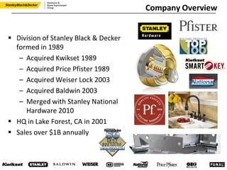  Division of Stanley Black & Decker
formed in 1989
– Acquired Kwikset 1989
– Acquired Price Pfister 1989
– Acquired Weiser Lock 2003
– Acquired Baldwin 2003
– Merged with Stanley National
Hardware 2010
 HQ in Lake Forest, CA in 2001
 Sales over $1B annually
Company Overview
 