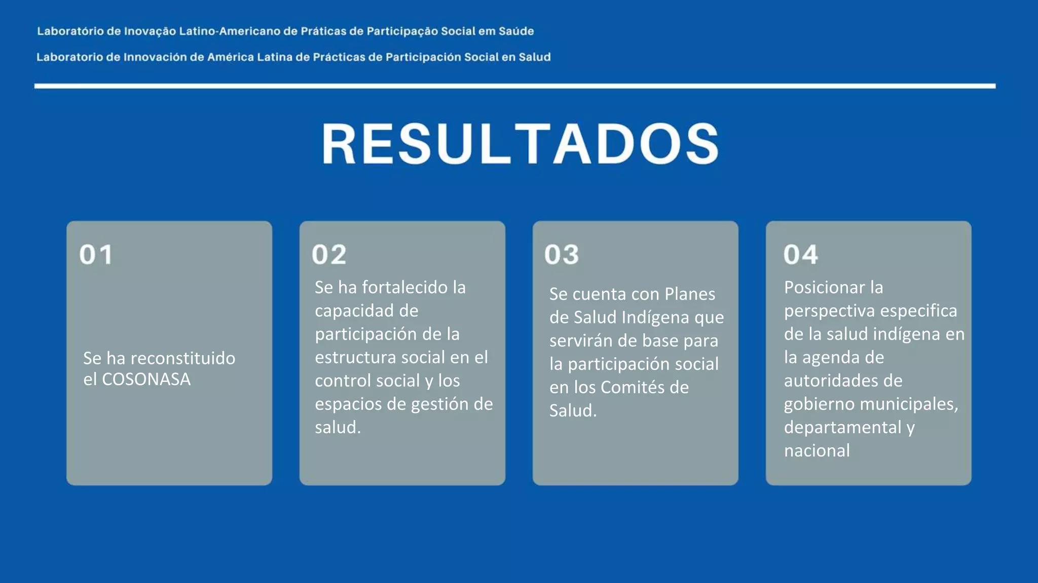 Se ha reconstituido
el COSONASA
Posicionar la
perspectiva especifica
de la salud indígena en
la agenda de
autoridades de
gobierno municipales,
departamental y
nacional
Se cuenta con Planes
de Salud Indígena que
servirán de base para
la participación social
en los Comités de
Salud.
Se ha fortalecido la
capacidad de
participación de la
estructura social en el
control social y los
espacios de gestión de
salud.
 