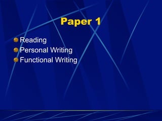 Paper 1
Reading
Personal Writing
Functional Writing
 