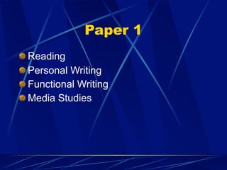 Paper 1
Reading
Personal Writing
Functional Writing
Media Studies
 