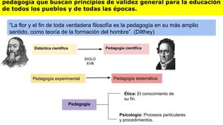 “La flor y el fin de toda verdadera filosofía es la pedagogía en su más amplio
sentido, como teoría de la formación del hombre”. (Dilthey)
pedagogía que buscan principios de validez general para la educación
de todos los pueblos y de todas las épocas.
Didáctica científica Pedagogía científica
SIGLO
XVlll
Pedagogía experimental Pedagogía sistemática
Pedagogía
Ética: El conocimiento de
su fin.
Psicología: Procesos particulares
y procedimientos.
 