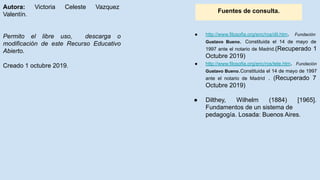 Fuentes de consulta.
● http://www.filosofia.org/enc/ros/dil.htm. Fundación
Gustavo Bueno. Constituida el 14 de mayo de
1997 ante el notario de Madrid.(Recuperado 1
Octubre 2019)
● http://www.filosofia.org/enc/ros/tele.htm. Fundación
Gustavo Bueno.Constituida el 14 de mayo de 1997
ante el notario de Madrid . (Recuperado 7
Octubre 2019)
● Dilthey, Wilhelm (1884) [1965].
Fundamentos de un sistema de
pedagogía. Losada: Buenos Aires.
Autora: Victoria Celeste Vazquez
Valentín.
Permito el libre uso, descarga o
modificación de este Recurso Educativo
Abierto.
Creado 1 octubre 2019.
 