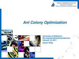 TEMPLATE: ADRIAN WILKE
Ant Colony Optimization


          University of Paderborn
          Bio-Inspired Networking Seminar
          January 18, 2011
          Adrian Wilke
 