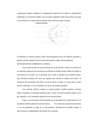 componentes pueden modificar la configuración eléctrica de la célula en reproducción
impidiendo su crecimiento debido a que el campo magnético puede actuar sobre una carga
en movimiento y el campo eléctrico puede actuar sobre una carga en reposo.
El problema es entonces generar ondas electromagnéticas para ello debemos aprender a
generar corriente alterna la cual es la base para generar ondas electromagnéticas
GENERACION DE CORRIENTE ALTERNA
Si movemos un imán en un movimiento de vaivén (de ida y vuelta) en el interior de
un solenoide, aparecerá una corriente que cambiará de sentido cuando cambie de sentido el
movimiento de un imán. En el solenoide, por lo tanto se produce una corriente alterna,
cuya frecuencia (número de veces por segundo que cambia de sentido) será igual a la
frecuencia del movimiento del imán. El mismo efecto se logra si se hace girar el imán
frente al solenoide, o si se lo suspende se le da un movimiento pendular.
Con corriente eléctrica continua se puede producir también producir corriente
alterna: mediante un interruptor podemos abrir y cerrar el circuito primario muchas veces
por segundo, y en el secundario aparecerá una corriente alterna.
Luego, si en el primario está alimentado por un generador de corriente alterna, en el
secundario también aparecerá corriente alterna. Si en todas las experiencias anteriores
se usa una lamparita en lugar de un galvanómetro, permanecerá encendida, porque el
efecto térmico es independiente del sentido de la corriente.
 