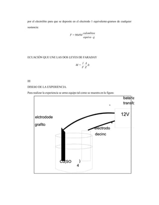 por el electrólito para que se deposite en el electrodo 1 equivalente-gramos de cualquier
sustancia:
ECUACIÓN QUE UNE LAS DOS LEYES DE FARADAY
III
DISEñO DE LA EXPERIENCIA.
Para realizar la experiencia se armo equipo tal como se muestra en la figura:
g-equiva
culombios
96494=F
It
Z
A
F
1
=M
 