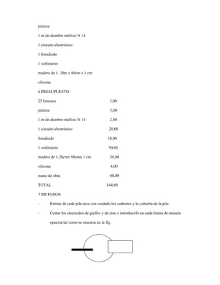 pintura
1 m de alambre mellizo N 14
1 circuito electrónico
1 fotodiodo
1 voltímetro
madera de 1. 20m x 80cm x 1 cm
silicona
6 PRESUPUESTO
25 limones 3,00
pintura 5,00
1 m de alambre mellizo N 14 2,00
1 circuito electrónico 20,00
fotodiodo 10,00
1 voltímetro 50,00
madera de 1.20cmx 80cmx 1 cm 20,00
silicona 4,00
mano de obra 60,00
TOTAL 164,00
7 METODOS
- Retirar de cada pila seca con cuidado los carbones y la cubierta de la pila
- Cortar los electrodos de grafito y de zinc e introducirlo en cada limón de manera
opuesta tal como se muestra en la fig.
 