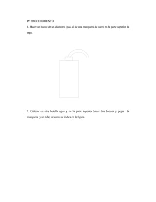 IV PROCEDIMIENTO
1. Hacer un hueco de un diámetro igual al de una manguera de suero en la parte superior la
tapa.
2. Colocar en otra botella agua y en la parte superior hacer dos huecos y pegar la
manguera y un tubo tal como se indica en la figura.
 