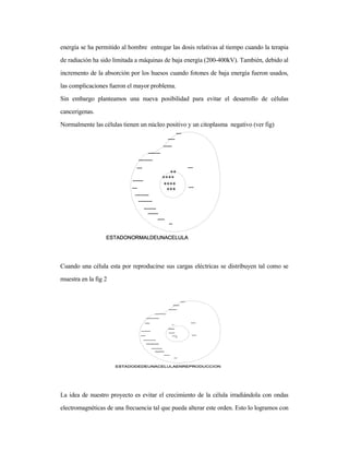 energía se ha permitido al hombre entregar las dosis relativas al tiempo cuando la terapia
de radiación ha sido limitada a máquinas de baja energía (200-400kV). También, debido al
incremento de la absorción por los huesos cuando fotones de baja energía fueron usados,
las complicaciones fueron el mayor problema.
Sin embargo planteamos una nueva posibilidad para evitar el desarrollo de células
cancerigenas.
Normalmente las células tienen un núcleo positivo y un citoplasma negativo (ver fig)
Cuando una célula esta por reproducirse sus cargas eléctricas se distribuyen tal como se
muestra en la fig 2
La idea de nuestro proyecto es evitar el crecimiento de la célula irradiándola con ondas
electromagnéticas de una frecuencia tal que pueda alterar este orden. Esto lo logramos con
 