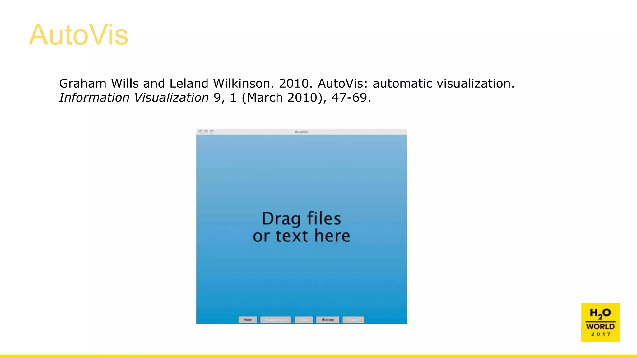 AutoVis
Graham Wills and Leland Wilkinson. 2010. AutoVis: automatic visualization.
Information Visualization 9, 1 (March 2010), 47-69.
 