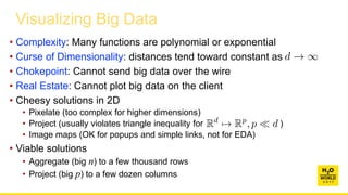 Visualizing Big Data
• Complexity: Many functions are polynomial or exponential
• Curse of Dimensionality: distances tend toward constant as
• Chokepoint: Cannot send big data over the wire
• Real Estate: Cannot plot big data on the client
• Cheesy solutions in 2D
• Pixelate (too complex for higher dimensions)
• Project (usually violates triangle inequality for )
• Image maps (OK for popups and simple links, not for EDA)
• Viable solutions
• Aggregate (big n) to a few thousand rows
• Project (big p) to a few dozen columns
 