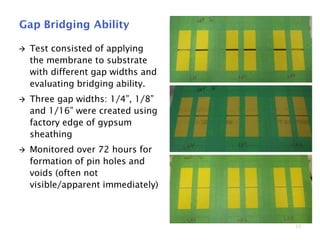 23
Gap Bridging Ability
 Test consisted of applying
the membrane to substrate
with different gap widths and
evaluating bridging ability.
 Three gap widths: 1/4”, 1/8”
and 1/16” were created using
factory edge of gypsum
sheathing
 Monitored over 72 hours for
formation of pin holes and
voids (often not
visible/apparent immediately)
 