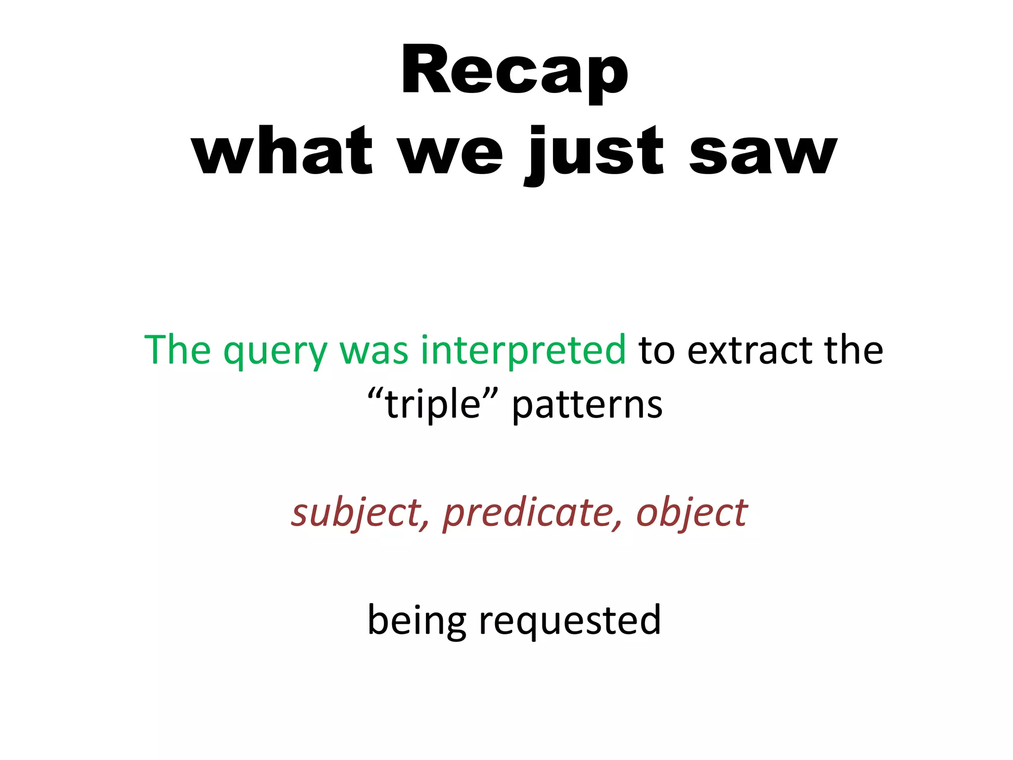 Recapwhat we just sawThe query was interpreted to extract the “triple” patternssubject, predicate, objectbeing requested