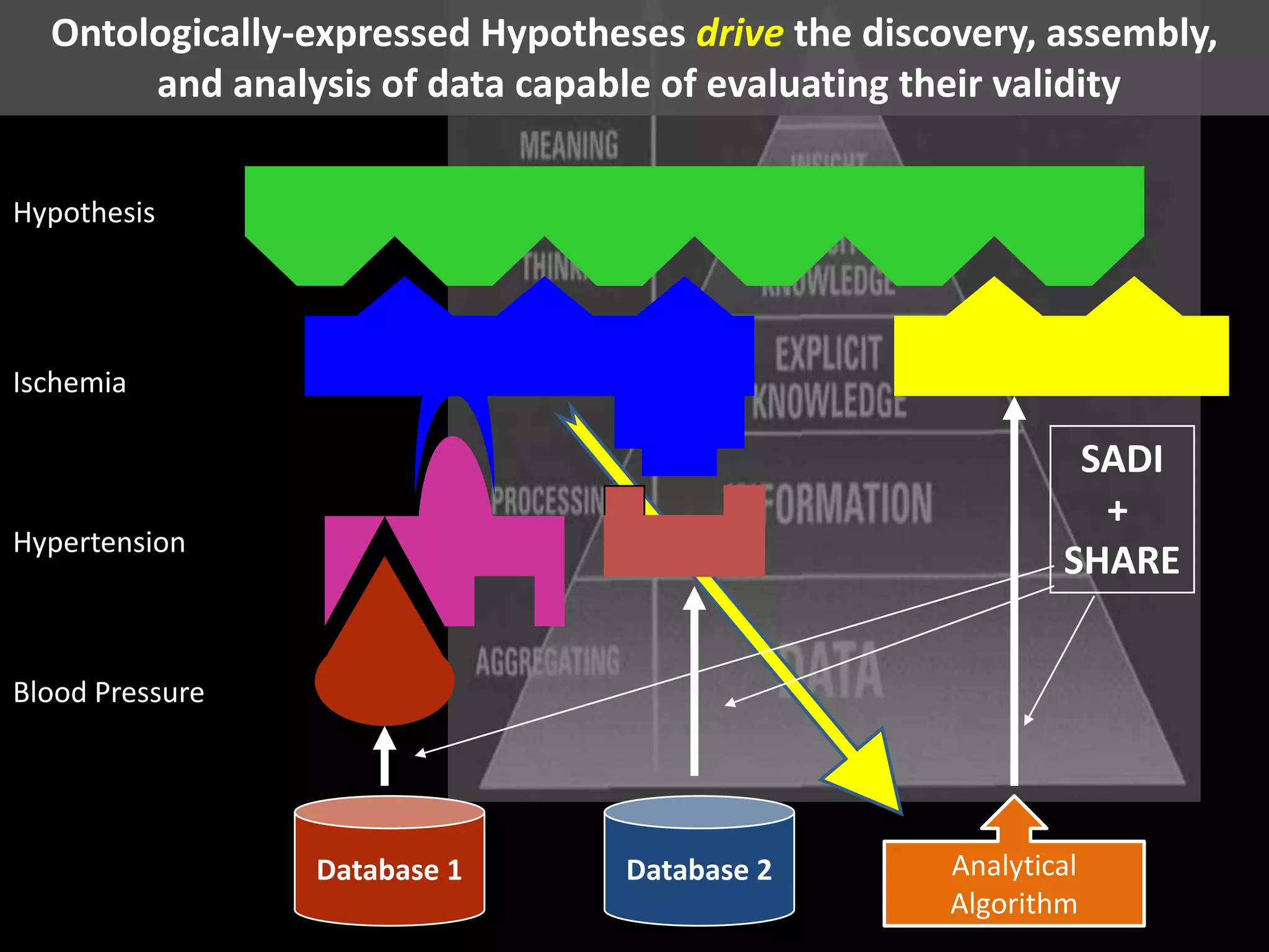 Ontologically-expressed Hypotheses drive the discovery, assembly, and analysis of data capable of evaluating their validityHypothesisIschemiaSADI+ SHAREHypertensionBlood PressureAnalytical AlgorithmDatabase 1Database 2