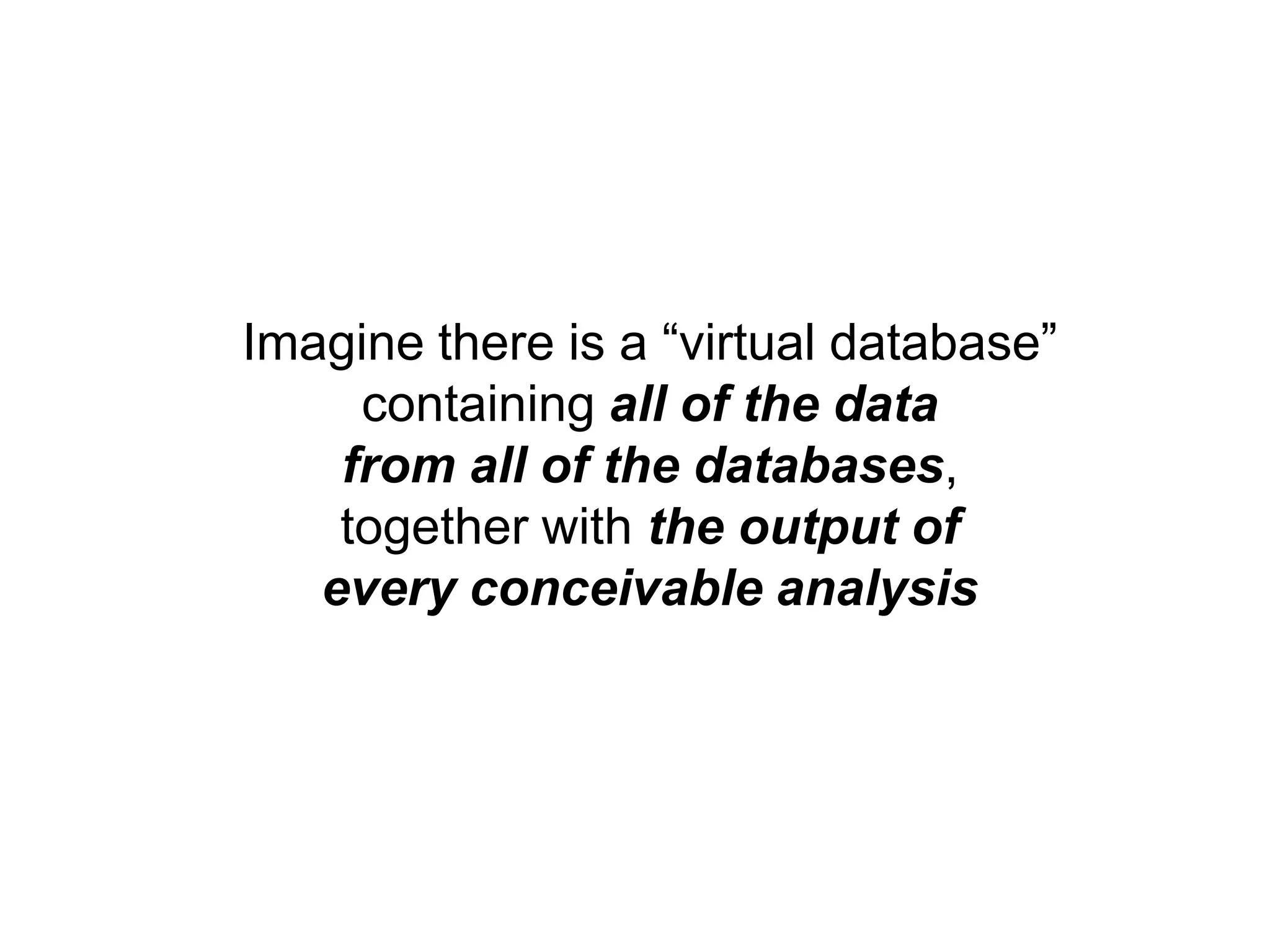 Imagine there is a “virtual database” containing all of the data from all of the databases,together with the output ofevery conceivable analysis