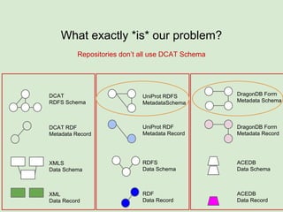 What exactly *is* our problem?
XML
Data Record
XMLS
Data Schema
DCAT RDF
Metadata Record
RDF
Data Record
RDFS
Data Schema
UniProt RDF
Metadata Record
ACEDB
Data Record
ACEDB
Data Schema
DragonDB Form
Metadata Record
DCAT
RDFS Schema
UniProt RDFS
MetadataSchema
DragonDB Form
Metadata Schema
Repositories don’t all use DCAT Schema
 