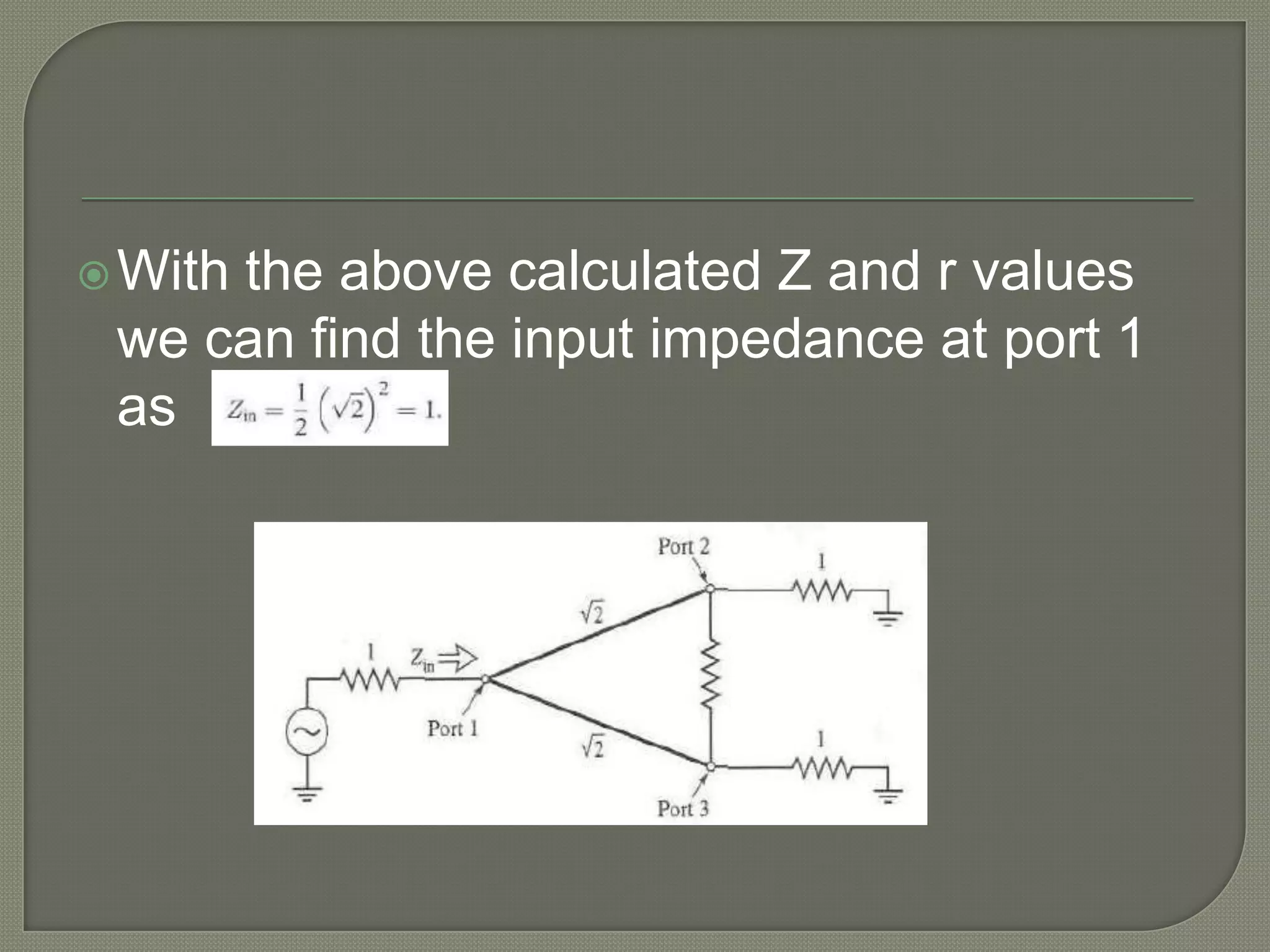  With
     the above calculated Z and r values
 we can find the input impedance at port 1
 as
 