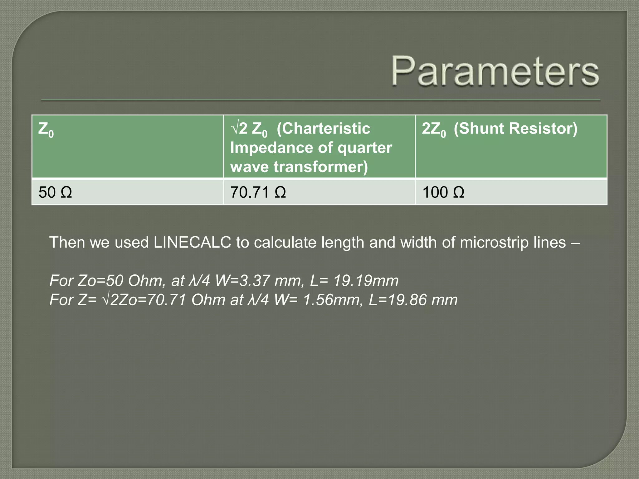 Z0                       √2 Z0 (Charteristic        2Z0 (Shunt Resistor)
                         Impedance of quarter
                         wave transformer)
50 Ω                     70.71 Ω                    100 Ω


 Then we used LINECALC to calculate length and width of microstrip lines –

 For Zo=50 Ohm, at λ/4 W=3.37 mm, L= 19.19mm
 For Z= √2Zo=70.71 Ohm at λ/4 W= 1.56mm, L=19.86 mm
 
