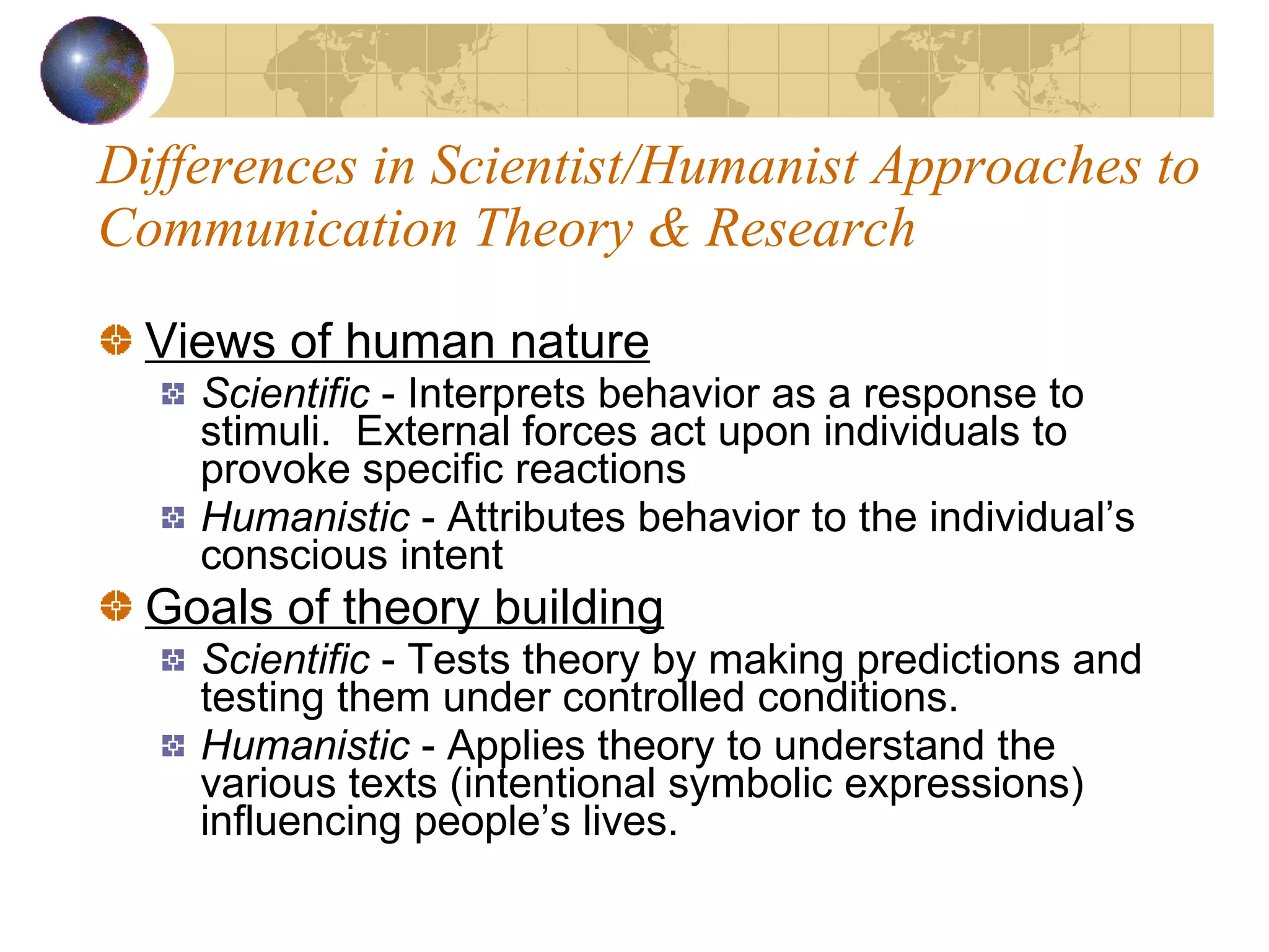 Differences in Scientist/Humanist Approaches to Communication Theory & Research Views of human nature Scientific  - Interprets behavior as a response to stimuli.  External forces act upon individuals to provoke specific reactions Humanistic  - Attributes behavior to the individual’s conscious intent Goals of theory building Scientific  -   Tests theory by making predictions and testing them under controlled conditions. Humanistic  - Applies theory to understand the various texts (intentional symbolic expressions) influencing people’s lives. 