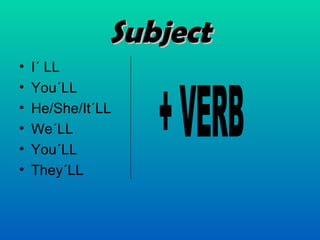 Subject I´ LL You´LL He/She/It´LL We´LL You´LL They´LL + VERB