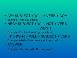 AF= SUBJECT + WILL + VERB + COM Example: I will play basket NEG= SUBJECT + WILL NOT + VERB WON´T Example: You´ll not/ won´t go to school INT= (WH-) + WILL + SUBJECT + VERB Example: What will we remember tomorrow? ANSWER Example: Yes, they will / No, they won´t