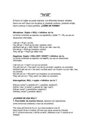 “Will”
El futuro en inglés se puede expresar con diferentes tiempos verbales:
futuro con will, futuro con be going to, presente continuo, presente simple,
futuro continuo o futuro perfecto. ¿CÓMO SE FORMA?
Afirmativas: Sujeto + WILL + infinitivo sin to
La forma contraída se expresa con apóstrofe y doble "l" = 'll y se usa en
situaciones informales.
I will go = I'll go ( yo iré)
You will go = You'll go (tú irás / vosotros iréis)
He/She/it will go = He'll /She'll / It'll go (él / ella / eso irá)
We will go = We'll go (nosotros iremos)
They will go = They'll go (ellos irán)
Negativas: Sujeto + WILL NOT / WON'T + infinitivo sin to
La forma contraída se expresa con won't y se usa en situaciones
informales.
I will not run = I won't run (yo no correré)
You will not run = You won't run (tú no correrás / vosotros no correréis)
He/She/It will not run = He won't run/She won't run /It won't run (él / ella / eso
no correrá)
We will not run = We won't run (nosotros no correremos)
They will not run = They won't run (ellos no correrán)
Interrogativas: WILL + sujeto + infinitivo sin to ?
Will you come? (¿vendrás tú? / ¿vendréis vosotros?)
Will he / she / it come? (¿vendrá él / ella / eso?)
Will we come? (¿vendremos nosotros?)
Will they come? (¿vendrán ellos?)
¿CUÁNDO SE USA WILL?
1. Para hablar de eventos futuros. Aparece con expresiones
como tomorrow (mañana) o next (la /el próximo)
The class will finishat 5 p.m. (La claseacabará a las 5)
Next month I'll be in Ireland. (El mes que viene estaré en Irlanda)
At 11 o'clock tomorrow, I will be at work. (Mañana a las 11 estaré en el
trabajo)
 