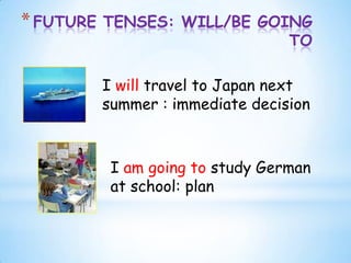 * FUTURE   TENSES: WILL/BE GOING
                              TO

           I will travel to Japan next
           summer : immediate decision



            I am going to study German
            at school: plan
 