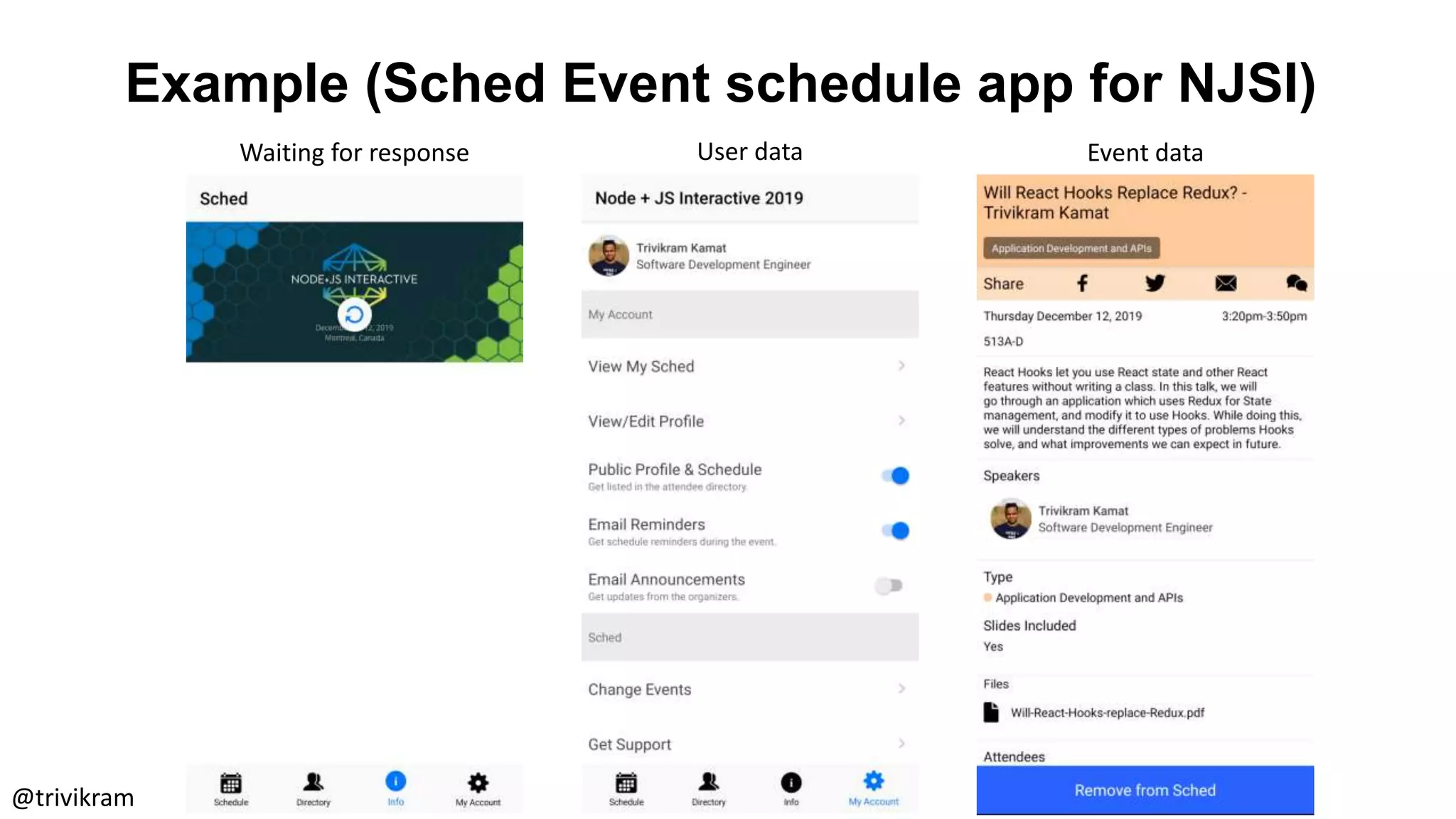 Example (Sched Event schedule app for NJSI)
@trivikram
Waiting for response User data Event data
 