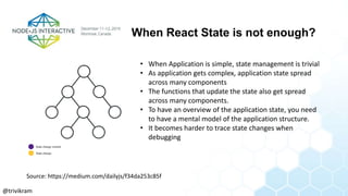 When React State is not enough?
• When Application is simple, state management is trivial
• As application gets complex, application state spread
across many components
• The functions that update the state also get spread
across many components.
• To have an overview of the application state, you need
to have a mental model of the application structure.
• It becomes harder to trace state changes when
debugging
Source: https://medium.com/dailyjs/f34da253c85f
@trivikram
 