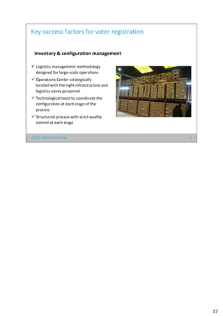 17
Key success factors for voter registration
Inventory & configuration management
Logistics management methodology
designed for large-scale operations
Operations Center strategically
located with the right infrastructure and
logistics-savvy personnel
Technological tools to coordinate the
configuration at each stage of the
process
Structured process with strict quality
control at each stage
17
 