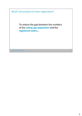 8
To reduce the gap between the numbers
of the voting age population and the
registered voters…
What’s the purpose of voter registration?
8
 