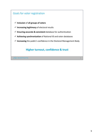 9
Goals for voter registration
Inclusion of all groups of voters
Increasing legitimacy of electoral results
Ensuring accurate & consistent database for authentication
Achieving synchronization of National ID and voter databases
Increasing the public’s confidence in the Electoral Management Body
Higher turnout, confidence & trust
9
 