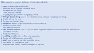 5
WILL, according to Longman Dictionary of Contemporary English:
1- Future: Used to make future tenses:
 A meeting will be held next Tuesday at 3 p.m.
 What time will she arrive?
 I hope they won't be late.
 Maybe by then you will have changed your mind.
2- Willing to do something: Used to show that someone is willing or ready to do something:
 Dr Weir will see you now.
 The baby won't eat anything.
3- Requesting: Spoken. Used to ask someone to do something:
 Will you phone me later?
 Shut the door, will you?
4- what generally happens: Used to say what always happens in a particular situation or what is generally true:
 Oil will float on water.
 Accidents will happen.
5- Possibility. Used like 'can' to show what is possible:
 This car will hold five people comfortably.
6- Belief. Used to say that you think something is true:
 That will be Tim coming home now.
 As you will have noticed, there are some gaps in the data.
 