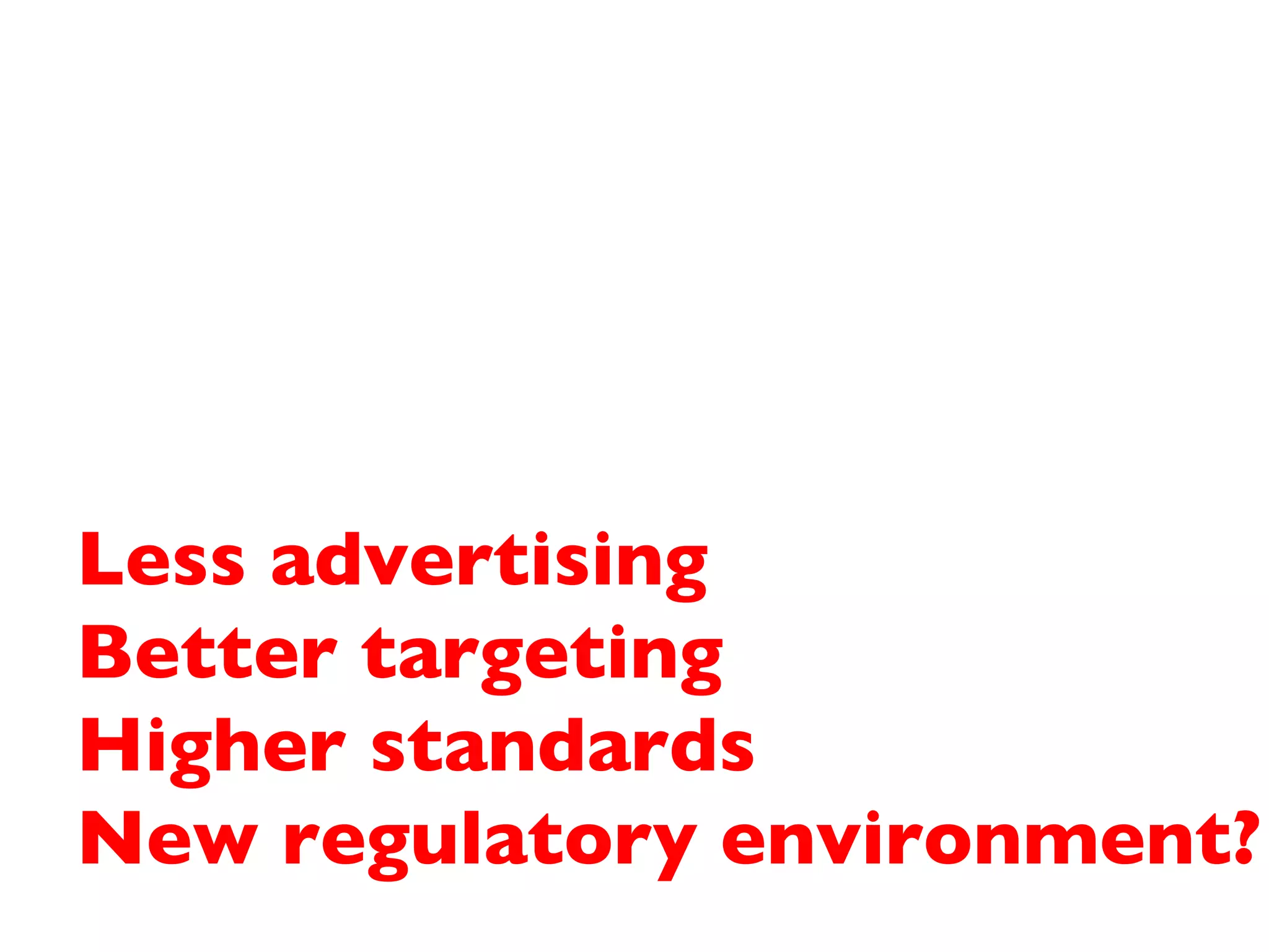 Less advertising Better targeting  Higher standards New regulatory environment? 