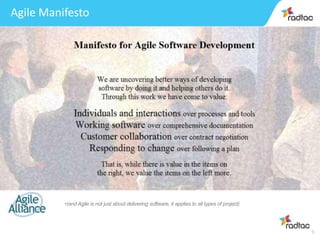 8
Agile Manifesto
•(and Agile is not just about delivering software, it applies to all types of project)
 
