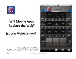 Will	
  Mobile	
  Apps	
  
       Replace	
  the	
  Web?	
  
                  	
  
(or,	
  Why	
  WebHub.mobi?)	
  



                        Image	
  captured	
  from	
  an	
  iPhone	
  
  “US	
  News	
  1”	
  category	
  in	
  “News	
  Hub”	
  is	
  acHve	
  
4.2012	
                                            ©	
  Yuvee,	
  Inc.	
  	
  All	
  rights	
  reserved.	
     1	
  
 