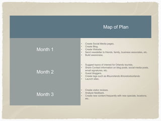 Map of Plan
Month 1
• Create Social Media pages.
• Create Blog.
• Create Website.
• Send newsletter to friends, family, business associates, etc.
• Build awareness.
Month 2
• Suggest topics of interest for Orlando tourists.
• Share Contact information on blog posts, social media posts,
email signatures, etc.
• Guest bloggers.
• Create tags such as #tourorlando #moretodoorlando
• Launch sites.
Month 3
• Create visitor reviews.
• Analyze feedback.
• Create new content frequently with new specials, locations,
etc.
 