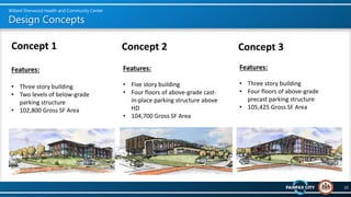 Design Concepts
10
Willard Sherwood Health and Community Center
Concept 1
Features:
• Three story building
• Two levels of...